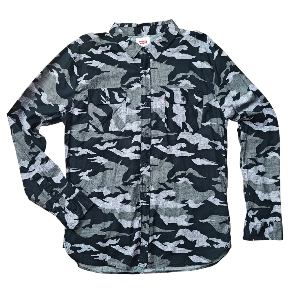 Levi's Men's Black Gray Camouflage Button-up Long Sleeve Shirt